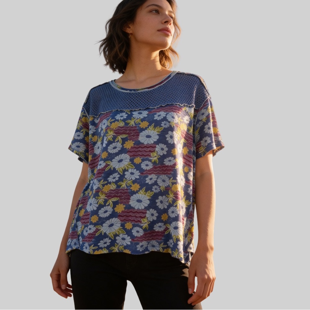 Oversized Free People We The Free Blue Floral Boxy Boho Short Sleeve Top